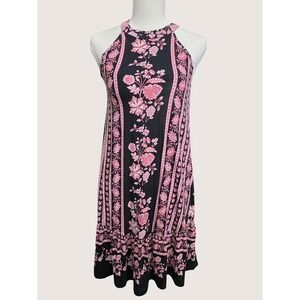 LOFT Black Pink Floral Halter Dress Mini Boho Chic Size XS Feminine Dainty